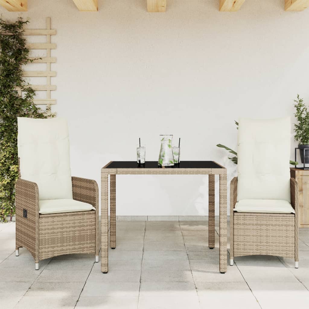 vidaXL 3-delige Bistroset met kussens poly rattan beige