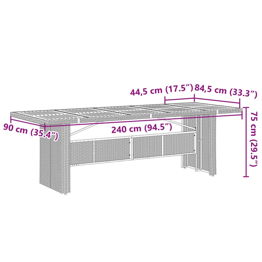 vidaXL Tuintafel met glazen blad 240x90x75 cm poly rattan grijs