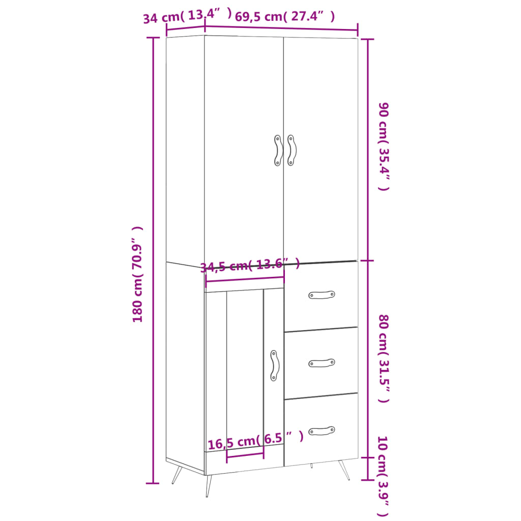 vidaXL Hoge kast 69,5x34x180 cm bewerkt hout wit