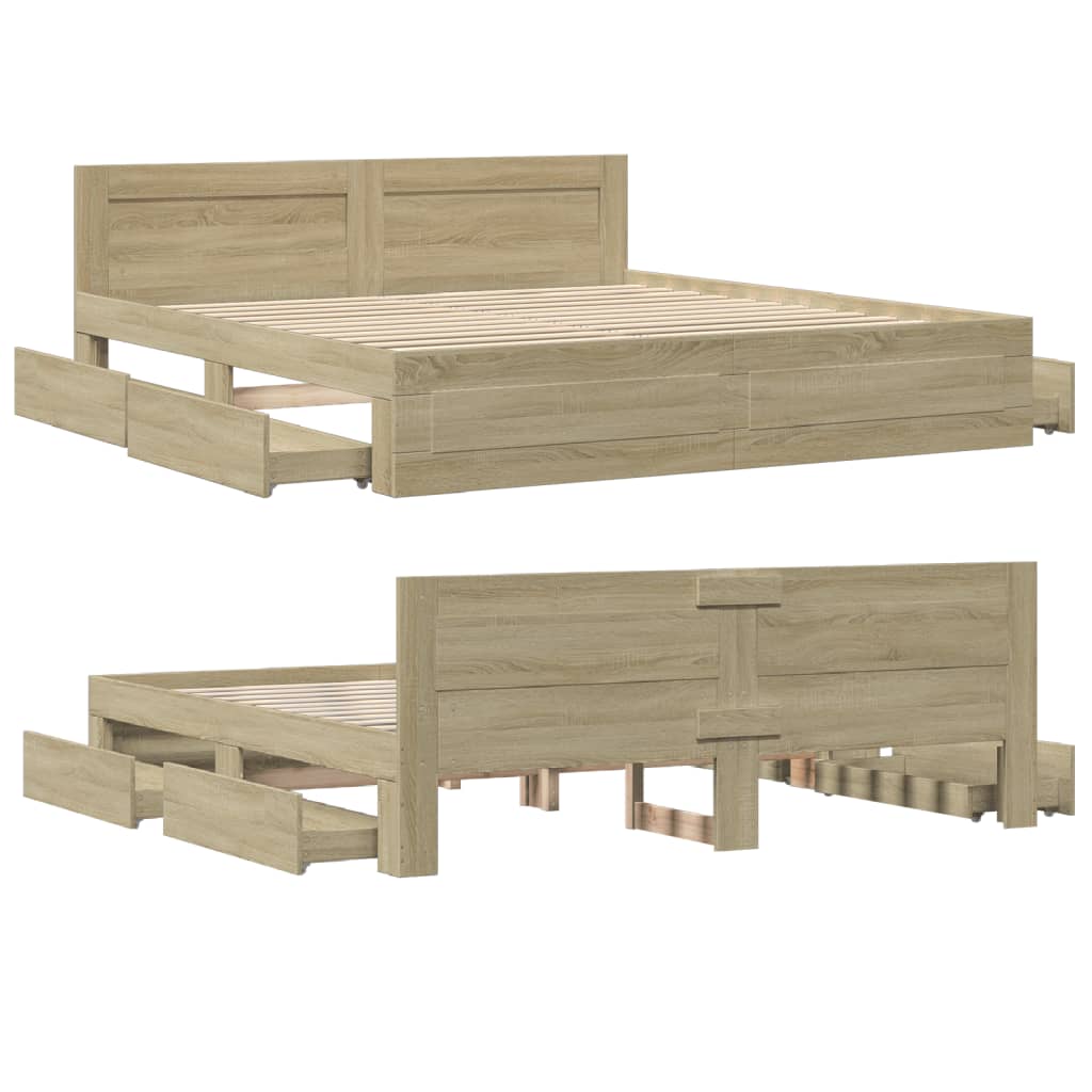 vidaXL Bedframe met hoofdeinde bewerkt hout sonoma eiken 200x200 cm