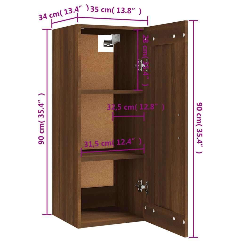 vidaXL Wandkast 35x34x90 cm bewerkt hout bruin eikenkleur