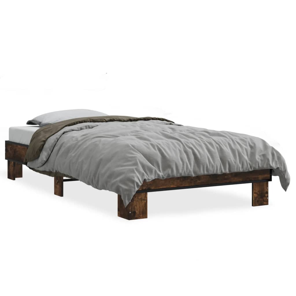 vidaXL Bedframe bewerkt hout en metaal gerookt eikenkleurig 100x200 cm