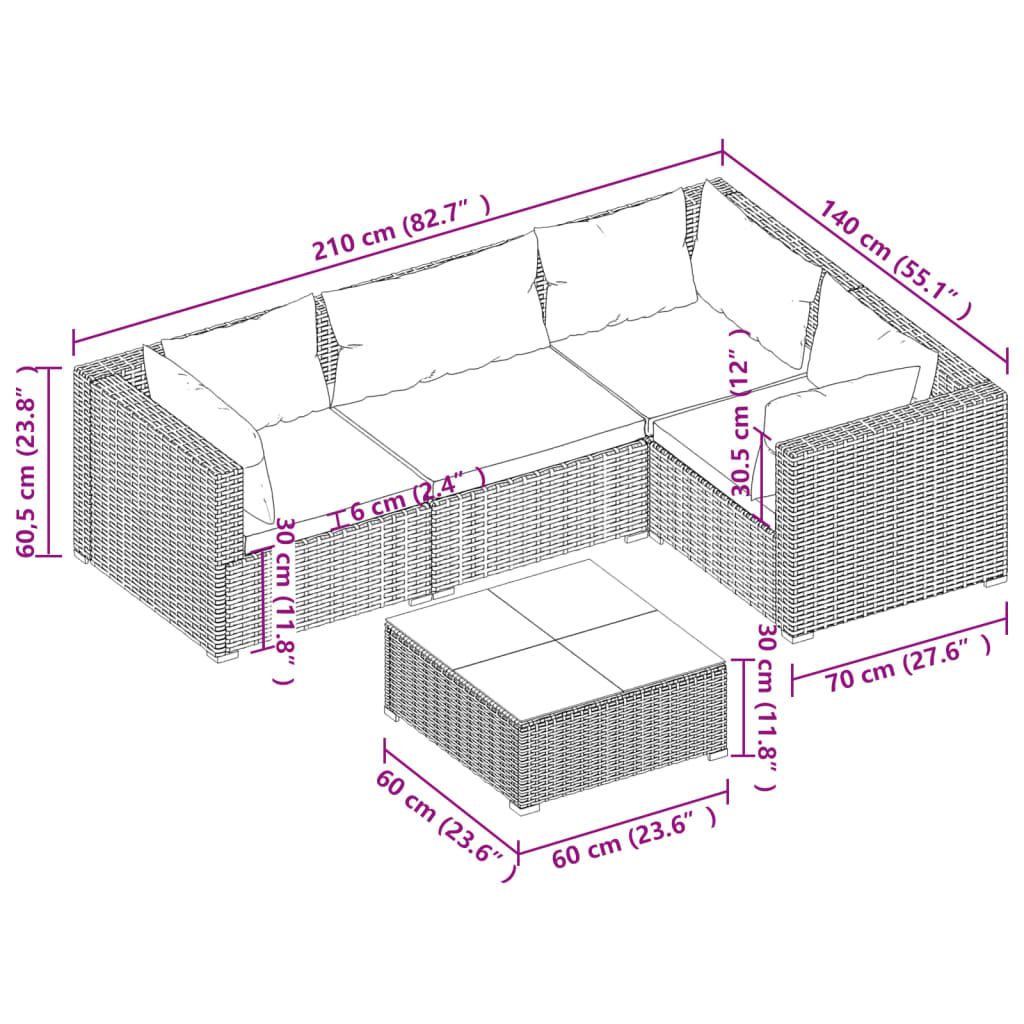 vidaXL 5-delige Loungeset met kussens poly rattan grijs