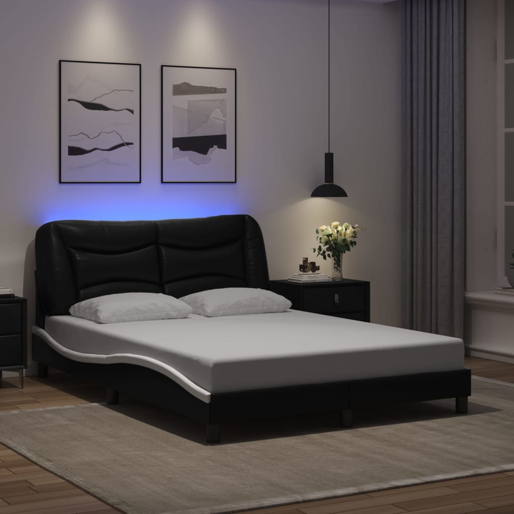 vidaXL Bedframe met LED-verlichting kunstleer zwart en wit 140x200 cm