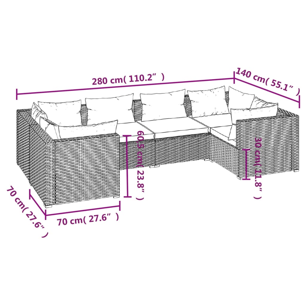 vidaXL 6-delige Loungeset met kussens poly rattan grijs