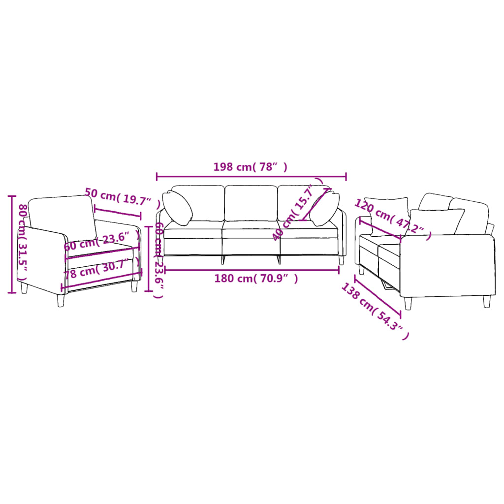 vidaXL 3-delige Loungeset met kussens stof donkergrijs