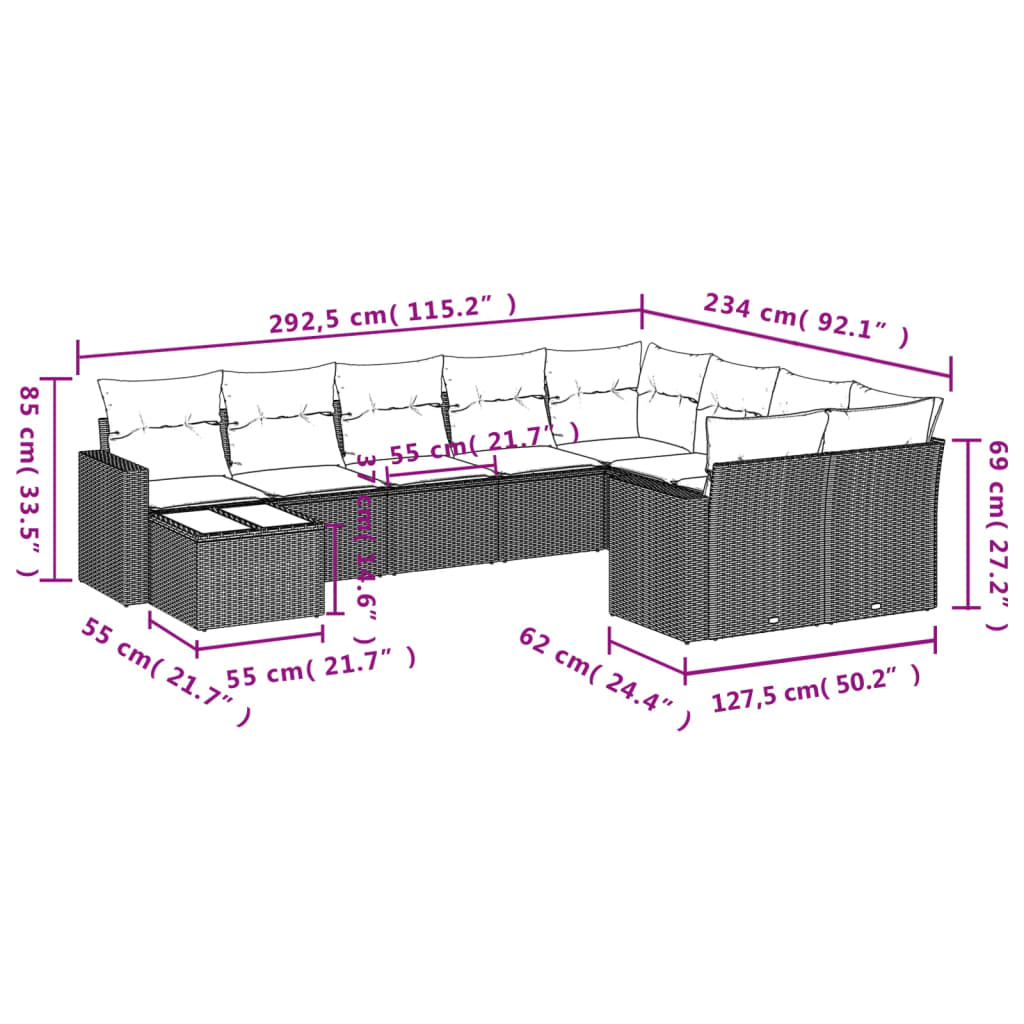 vidaXL 10-delige Loungeset met kussens poly rattan zwart