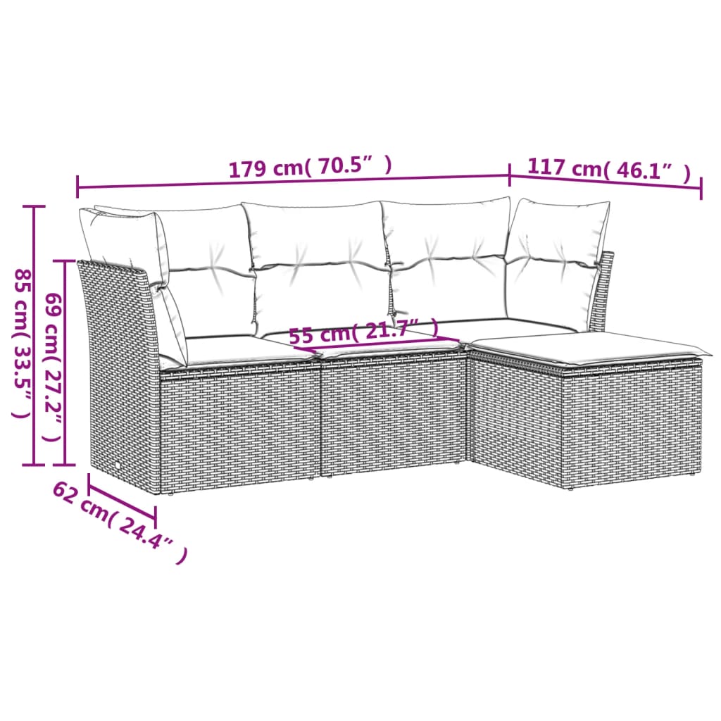 vidaXL 4-delige Loungeset met kussens poly rattan beige