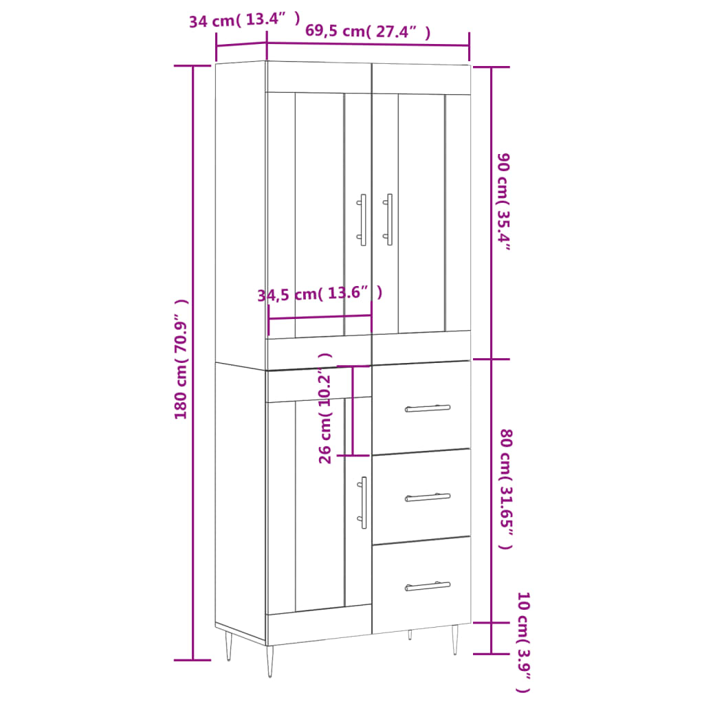 vidaXL Hoge kast 69,5x34x180 cm bewerkt hout betongrijs