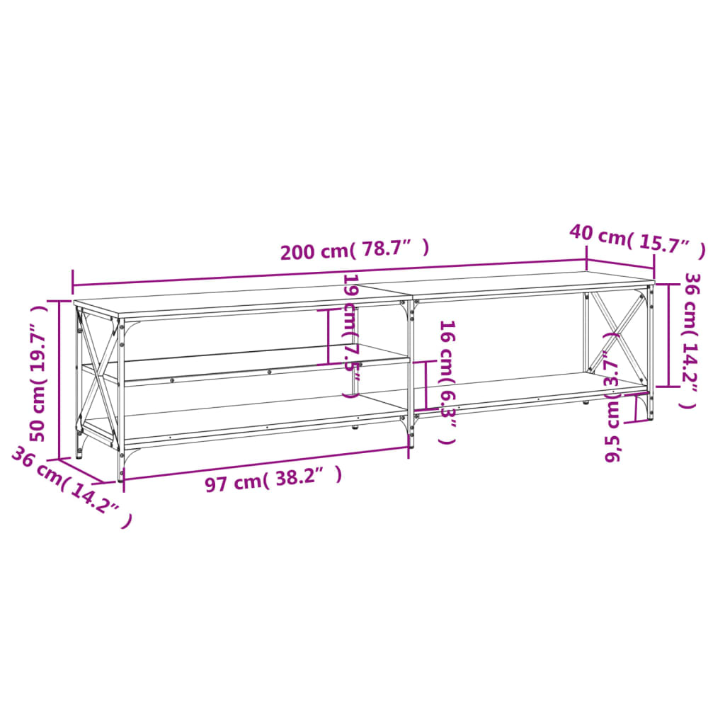 vidaXL Tv-meubel 200x40x50 cm bewerkt hout metaal bruin eikenkleur