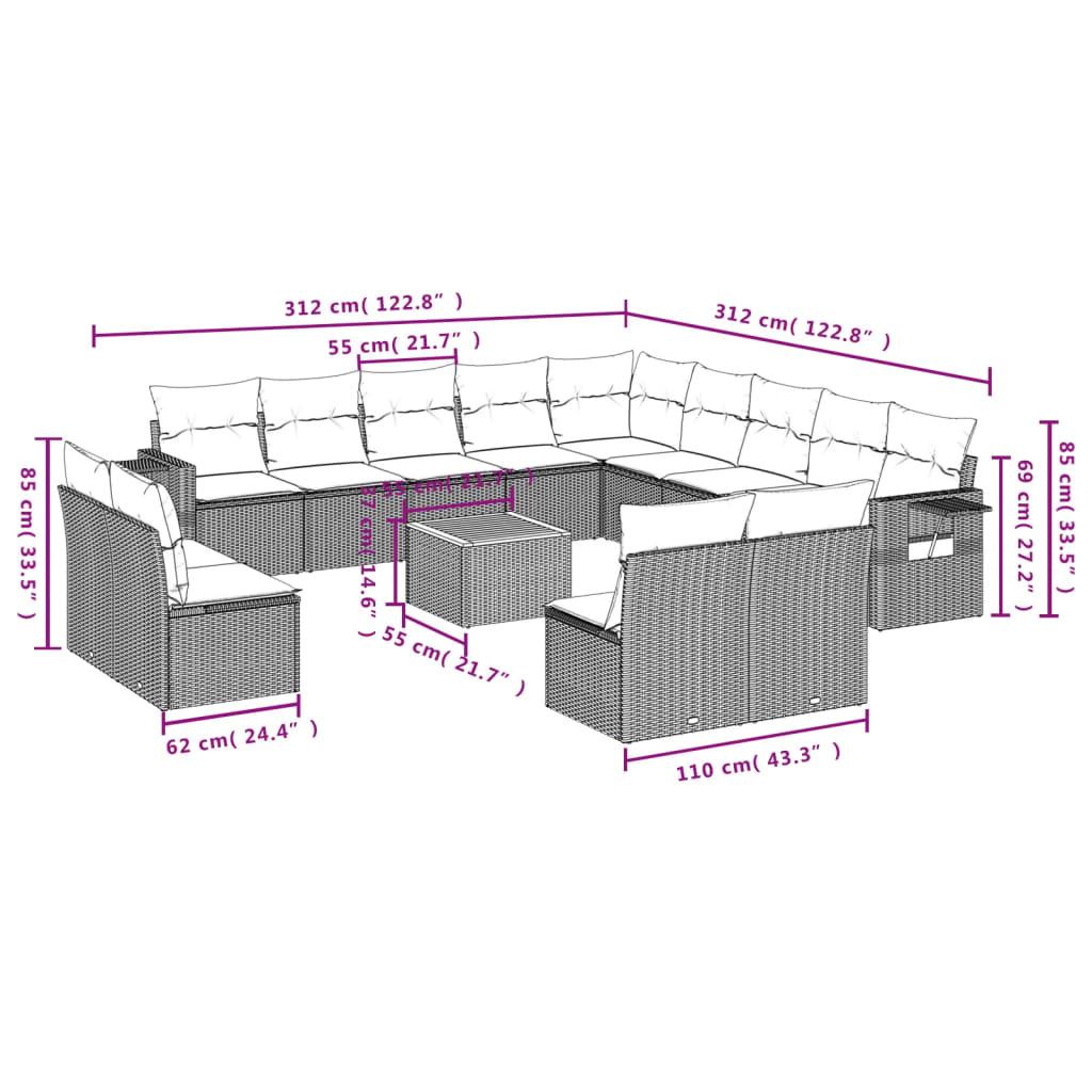 vidaXL 14-delige Loungeset met kussens poly rattan gemengd beige