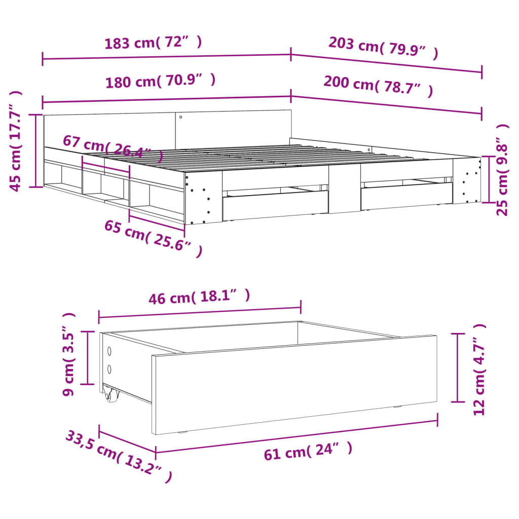 vidaXL Bedframe met lades bewerkt hout grijs sonoma eiken 180x200 cm