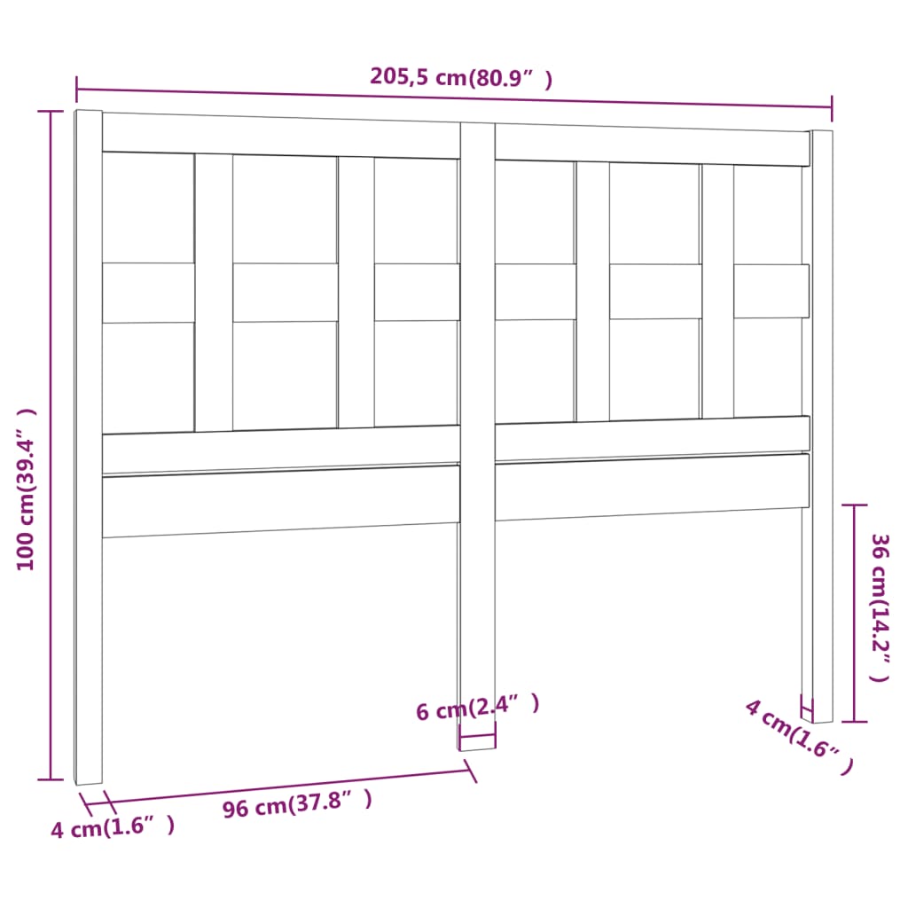 vidaXL Hoofdbord 205,5x4x100 cm massief grenenhout honingbruin