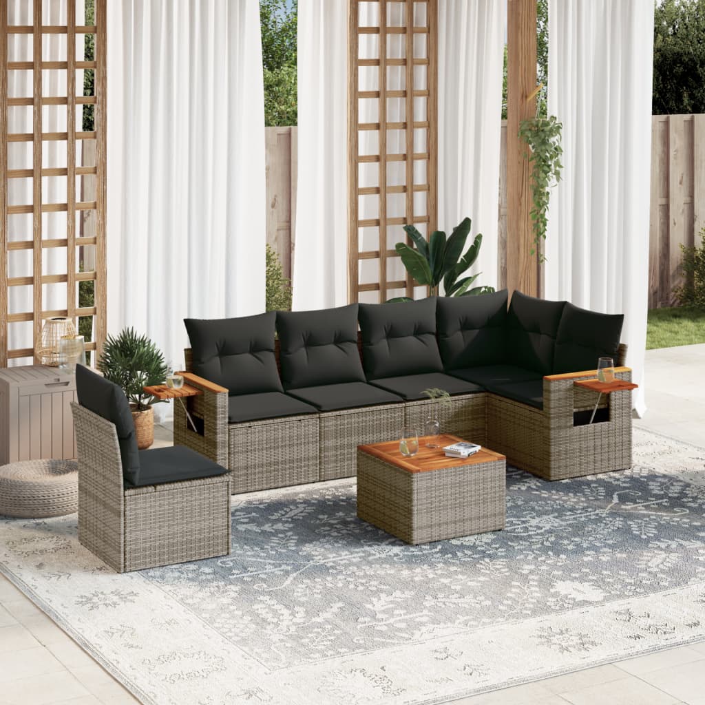 vidaXL 7-delige Loungeset met kussens poly rattan grijs