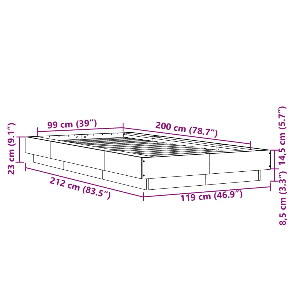 vidaXL Bedframe bewerkt hout betongrijs 100x200 cm