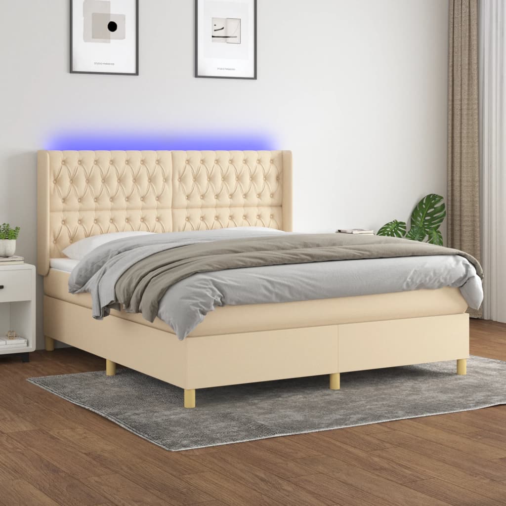 vidaXL Boxspring met matras en LED stof crèmekleurig 160x200 cm