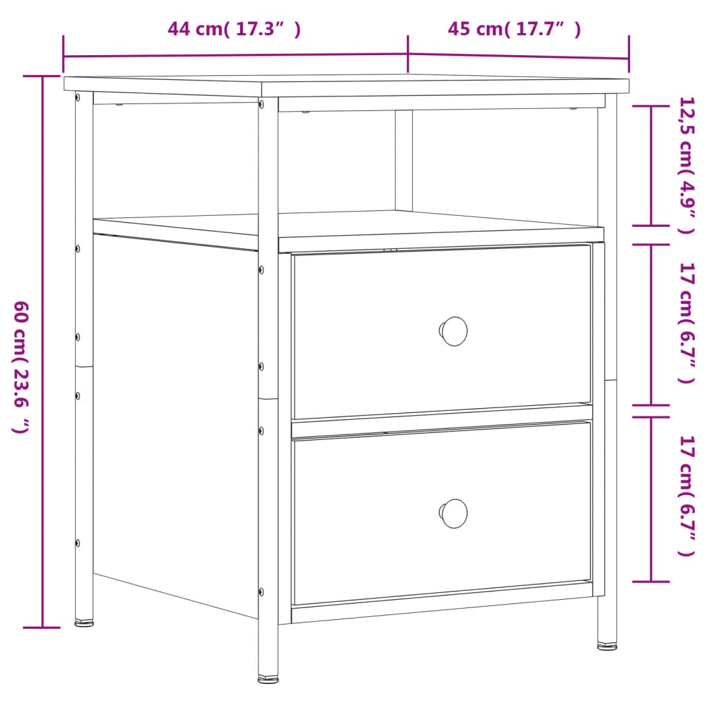 vidaXL Nachtkastjes 2 st 44x45x60 cm bewerkt hout bruin eikenkleur