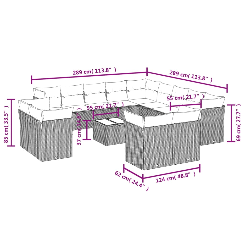 vidaXL 14-delige Loungeset met kussens poly rattan zwart