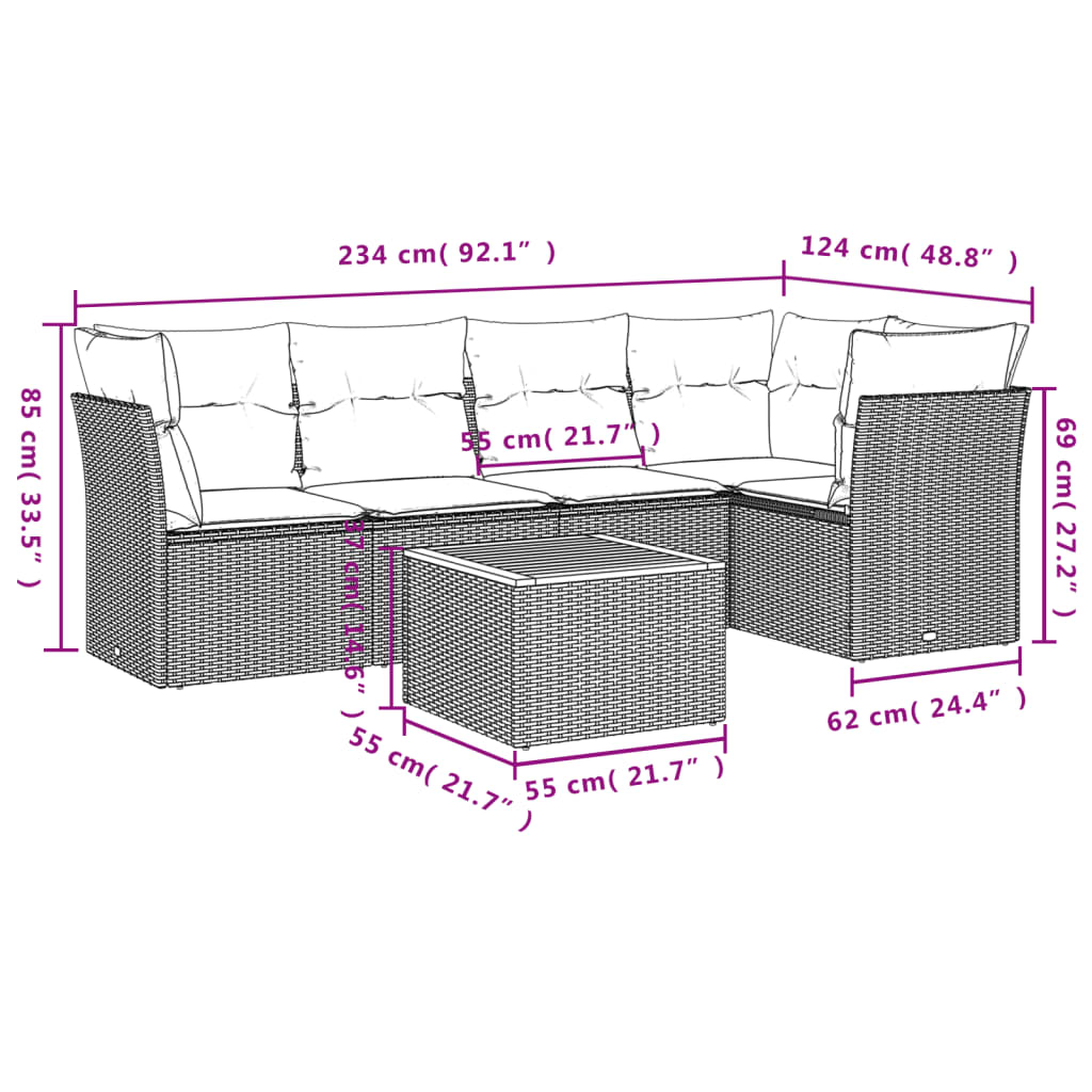 vidaXL 6-delige Loungeset met kussens poly rattan gemengd beige