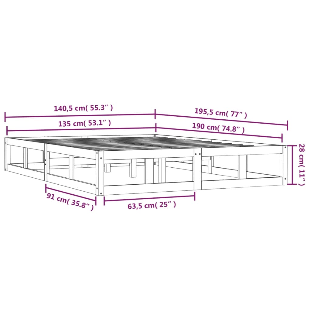 vidaXL Bedframe massief hout zwart 135x190 cm