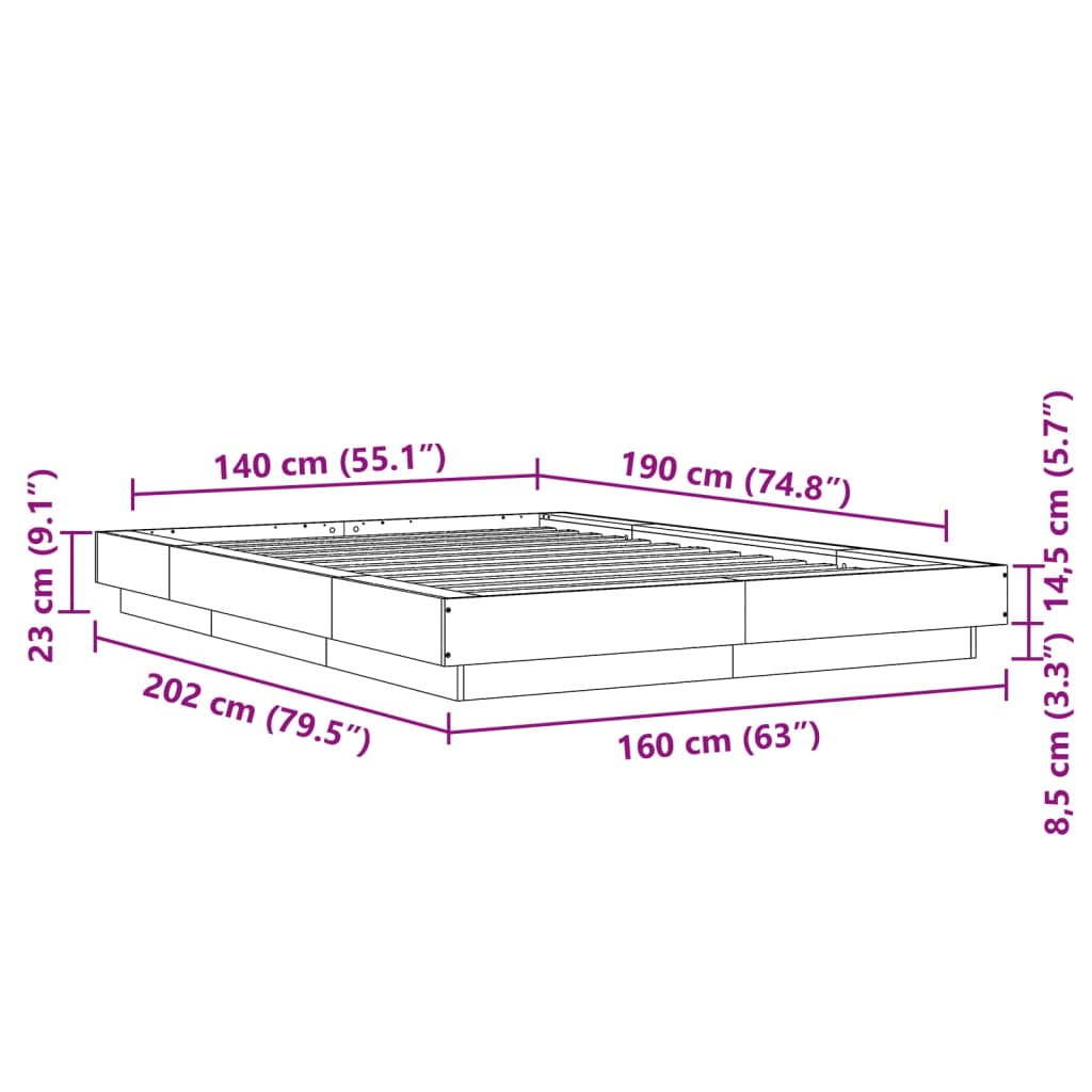 vidaXL Bedframe met LED-verlichting bewerkt hout betongrijs 140x190 cm