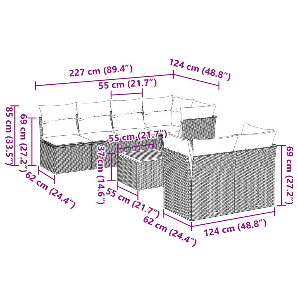 vidaXL 8-delige Loungeset met kussens poly rattan grijs