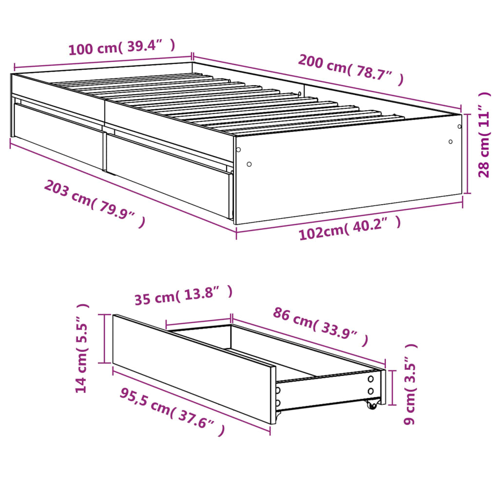 vidaXL Bedframe met lades bewerkt hout betongrijs 100x200 cm