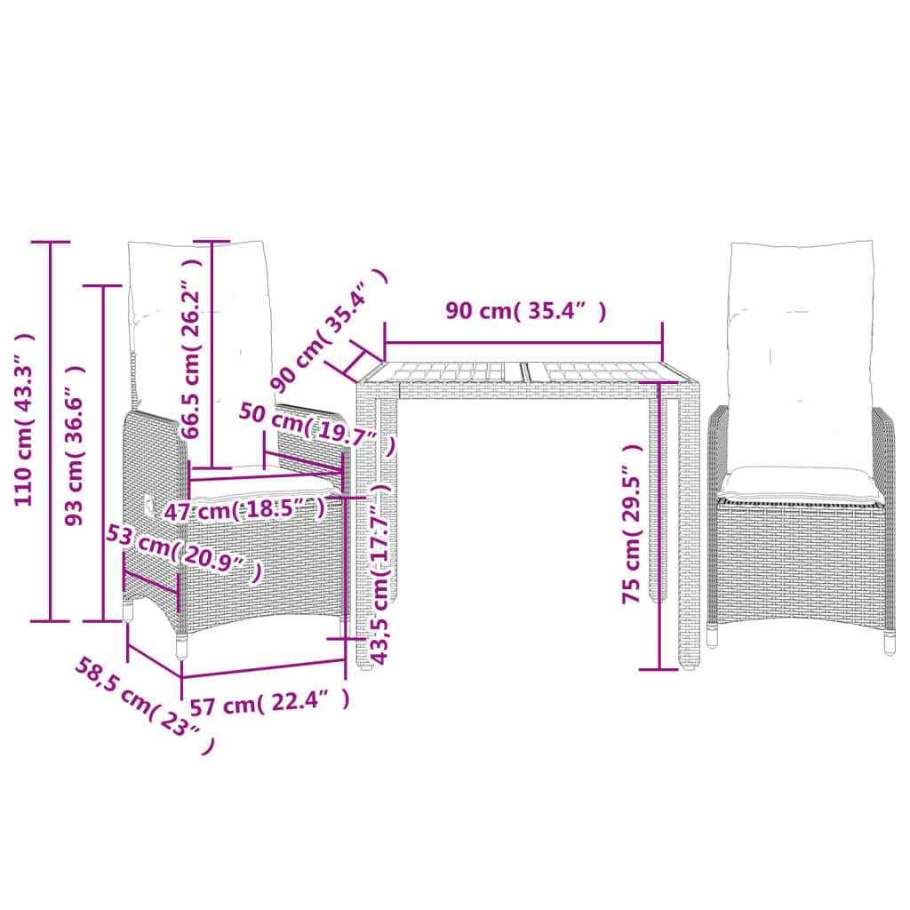 vidaXL 3-delige Bistroset met kussens poly rattan beige