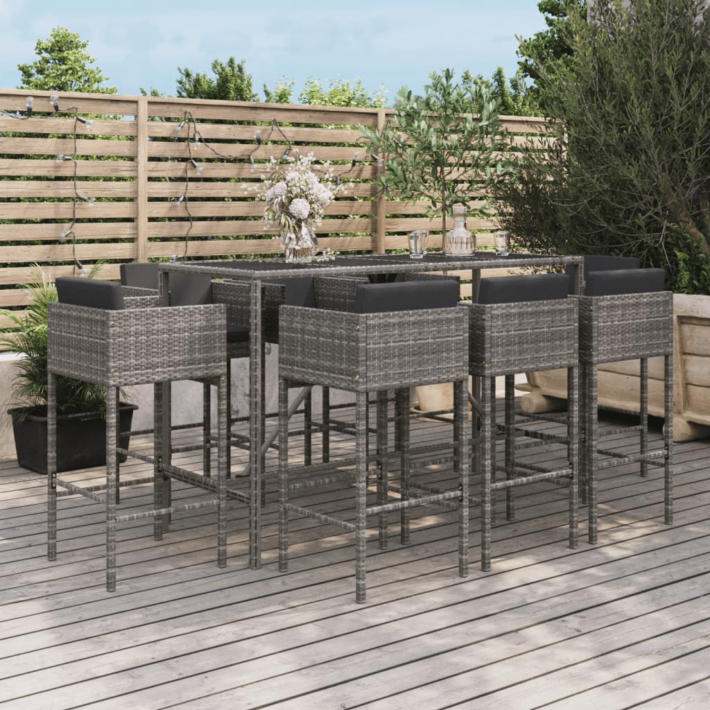 vidaXL 9-delige Tuinbarset met kussens poly rattan grijs