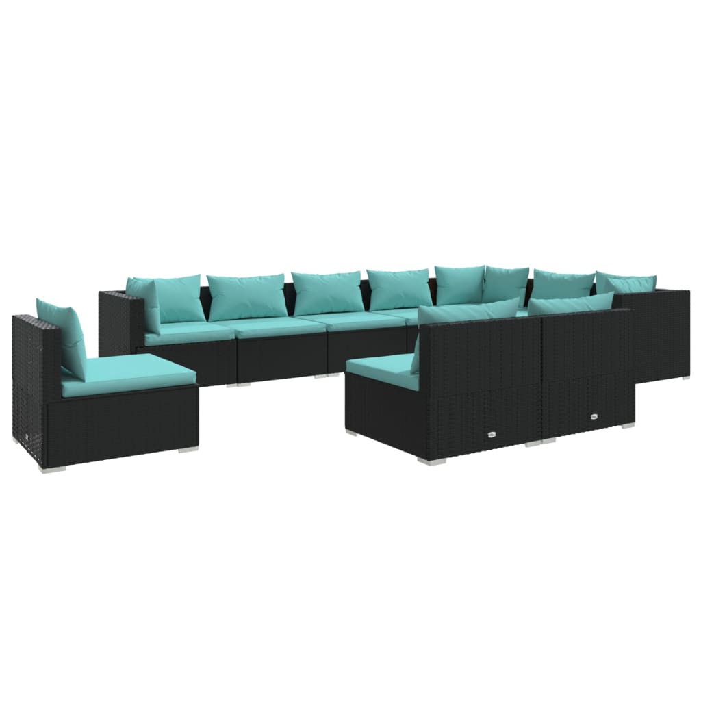 vidaXL 10-delige Loungeset met kussens poly rattan zwart