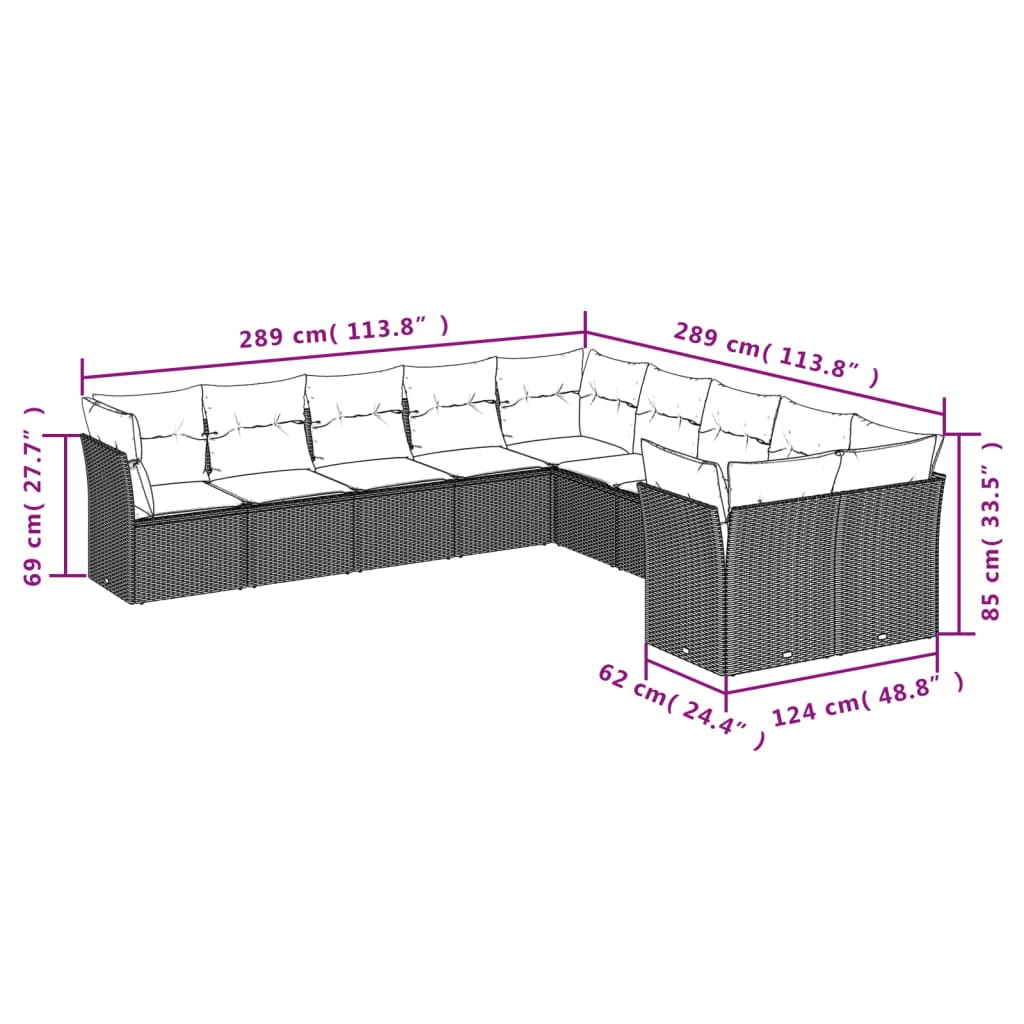 vidaXL 10-delige Loungeset met kussens poly rattan beige