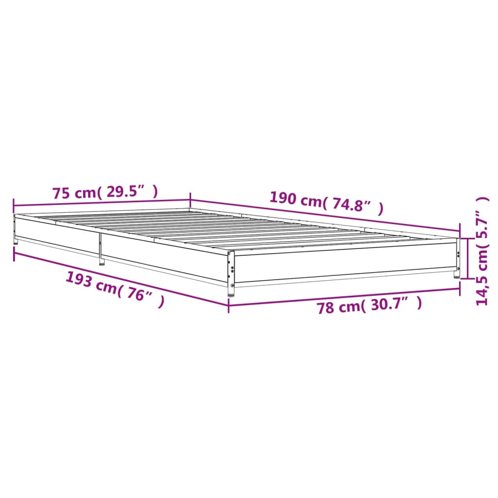 vidaXL Bedframe bewerkt hout en metaal grijs sonoma eiken 75x190 cm