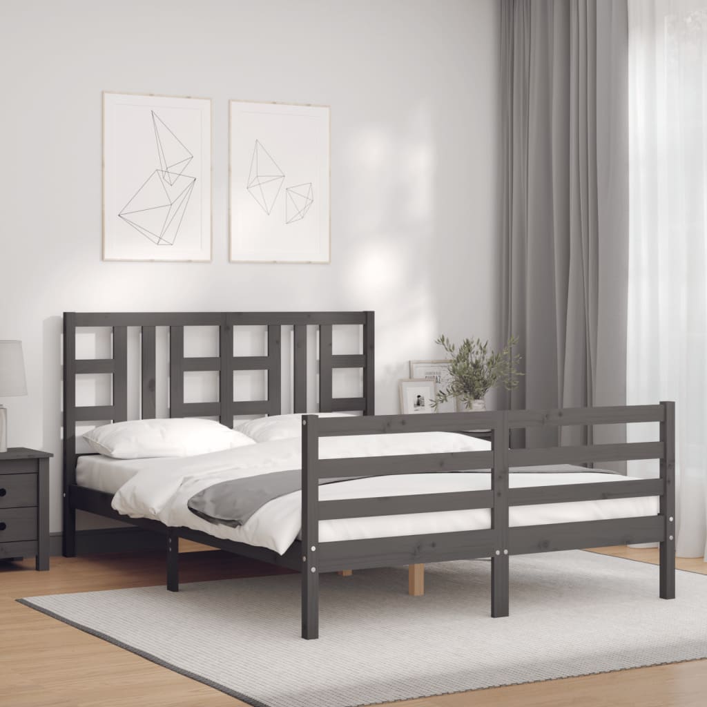 vidaXL Bedframe met hoofdbord massief hout grijs 140x190 cm