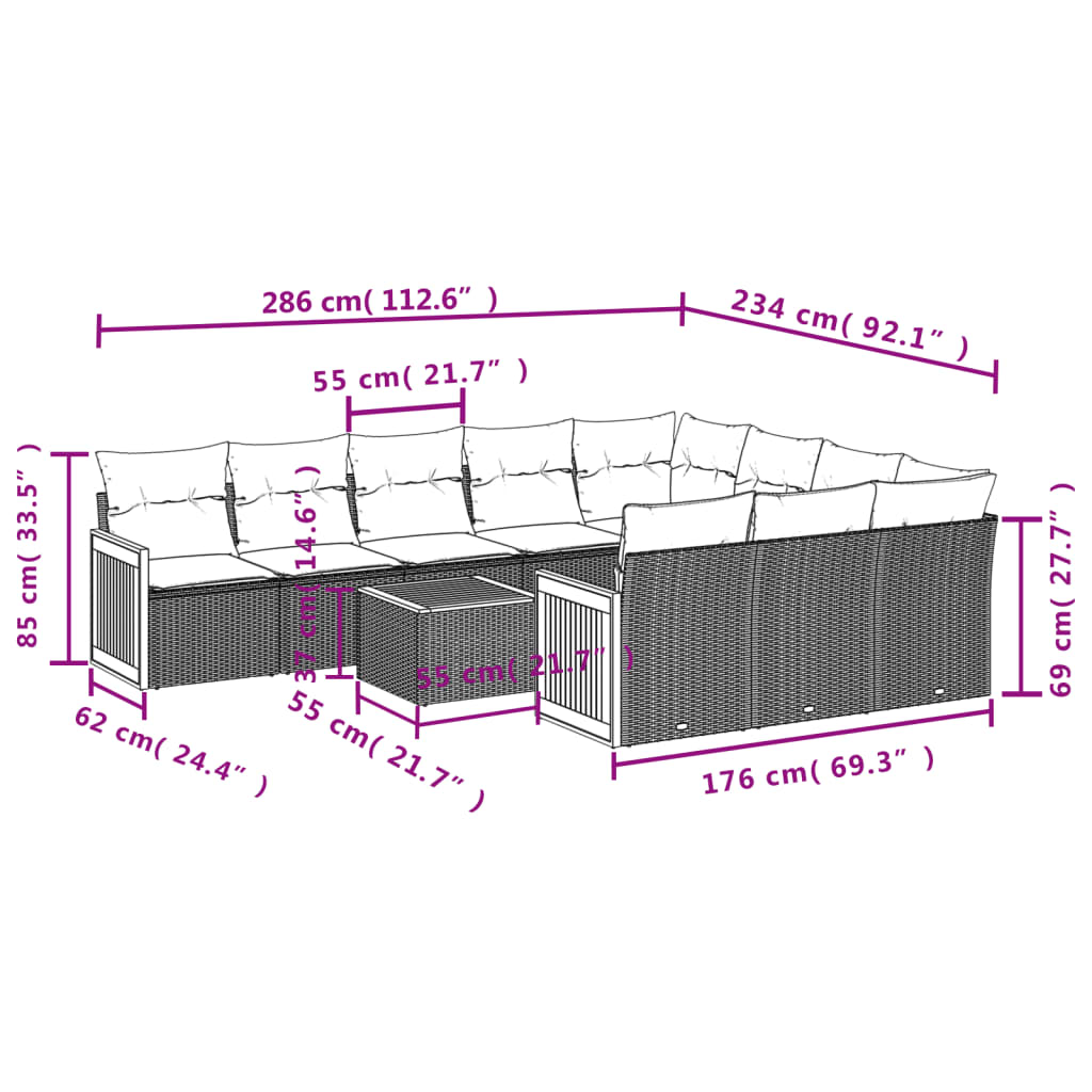 vidaXL 11-delige Tuinset met kussens poly rattan beige