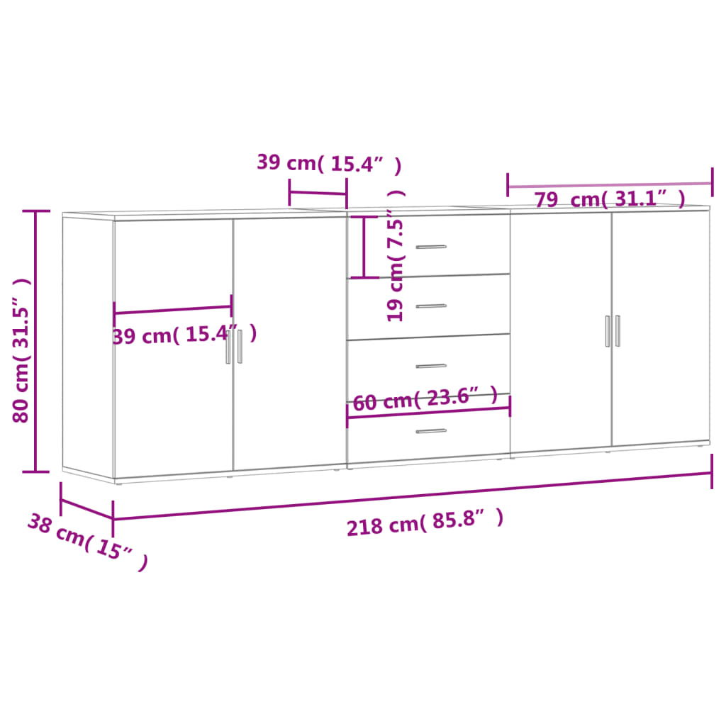 vidaXL Dressoirs 3 st bewerkt hout wit