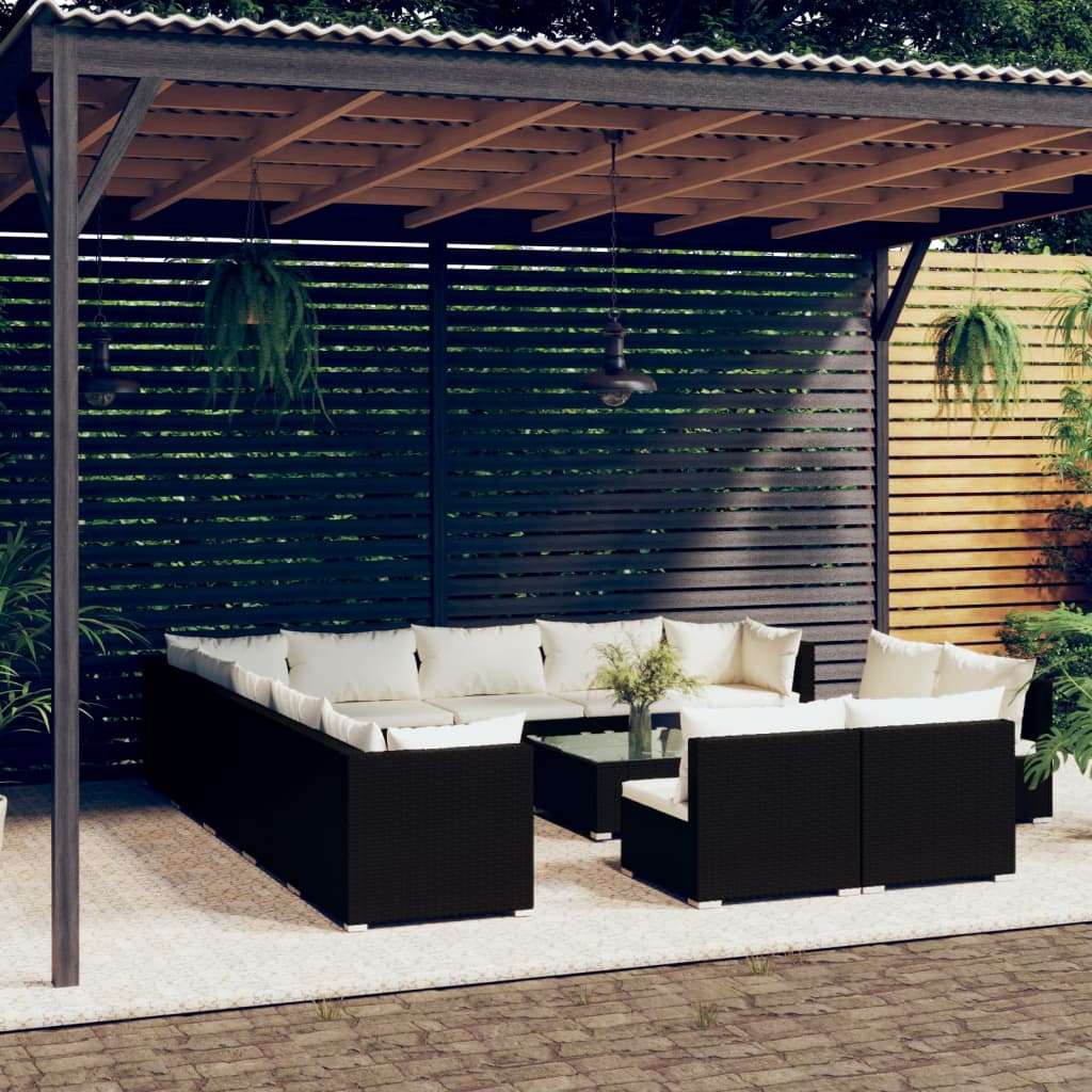 vidaXL 14-delige Loungeset met kussens poly rattan zwart