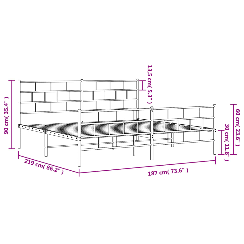 vidaXL Bedframe met hoofd- en voeteneinde metaal zwart 183x213 cm