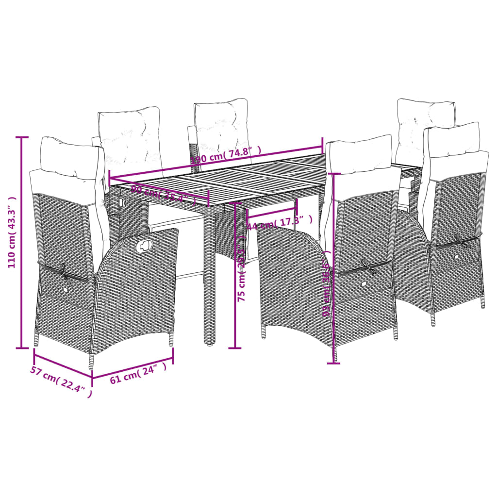 vidaXL 7-delige Tuinset met kussens poly rattan zwart