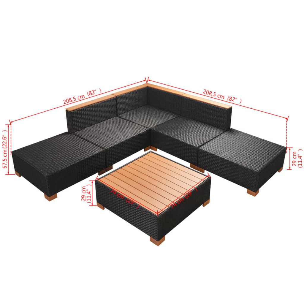 vidaXL 6-delige Loungeset met kussens poly rattan zwart