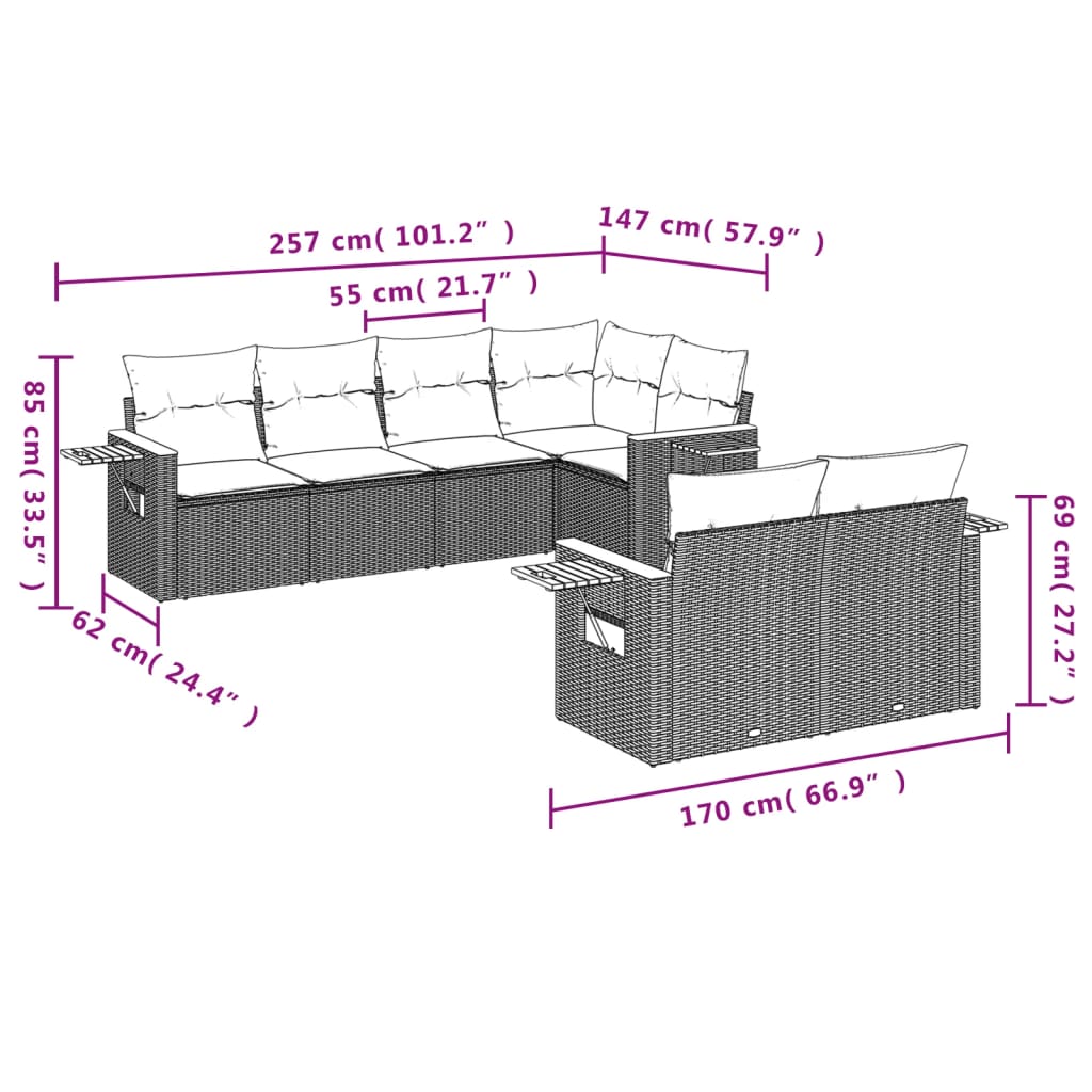 vidaXL 7-delige Loungeset met kussens poly rattan grijs