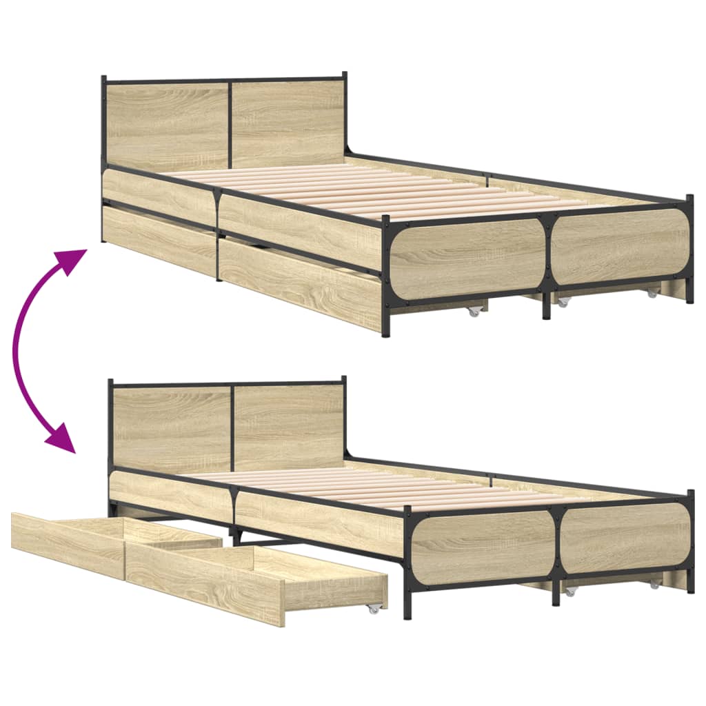 vidaXL Bedframe met lades bewerkt hout sonoma eikenkleurig 75x190 cm