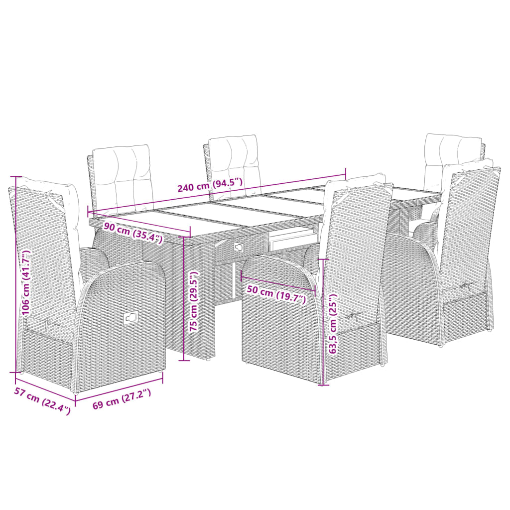 vidaXL 7-delige Tuinset met kussens poly rattan zwart