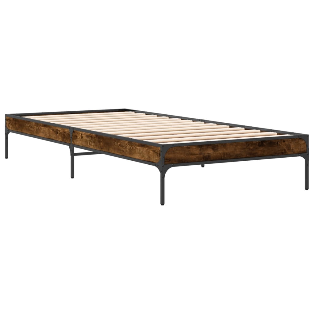 vidaXL Bedframe bewerkt hout en metaal gerookt eikenkleurig 100x200 cm