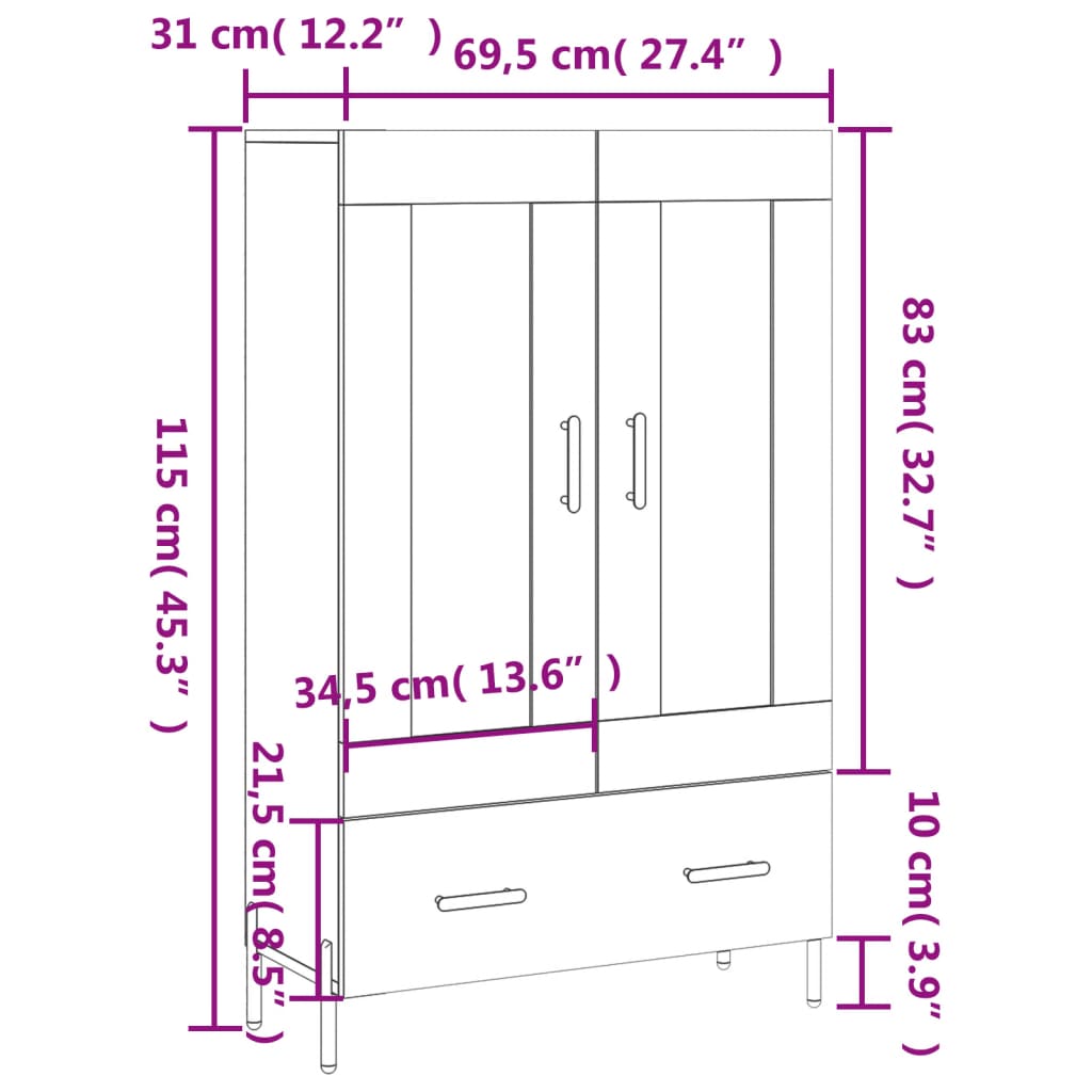 vidaXL Hoge kast 69,5x31x115 cm bewerkt hout grijs sonoma eikenkleurig