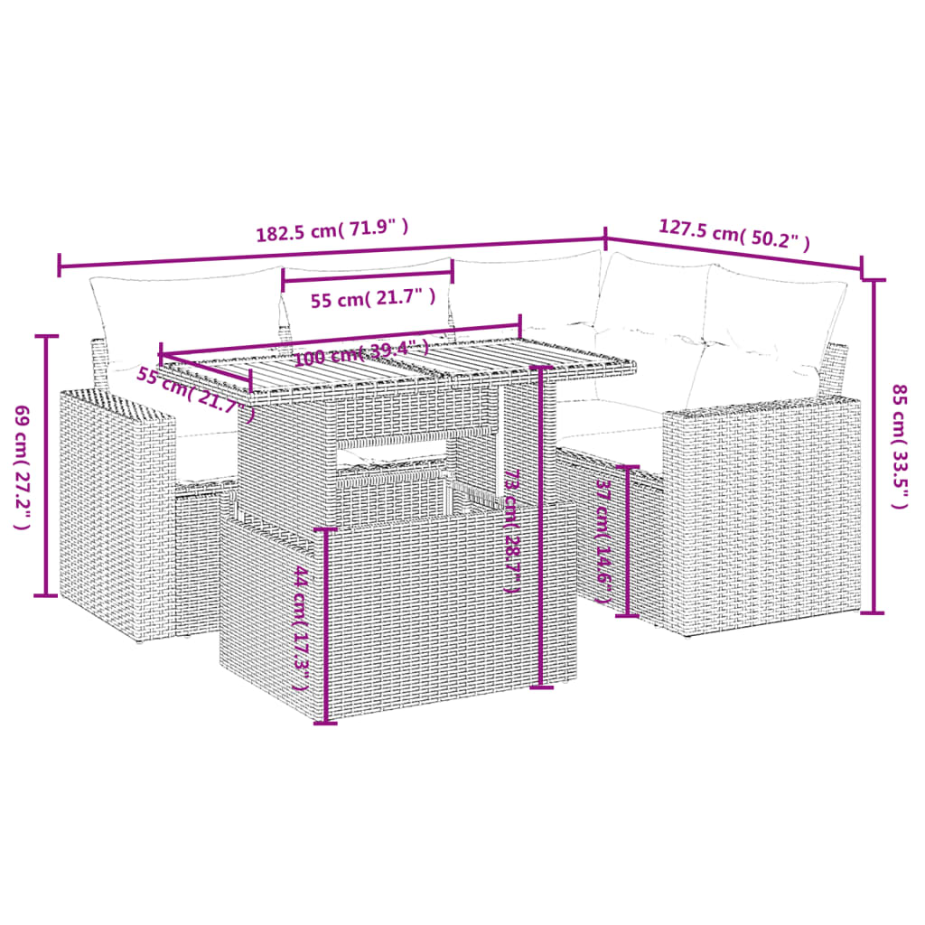 vidaXL 5-delige Loungeset met kussens poly rattan grijs