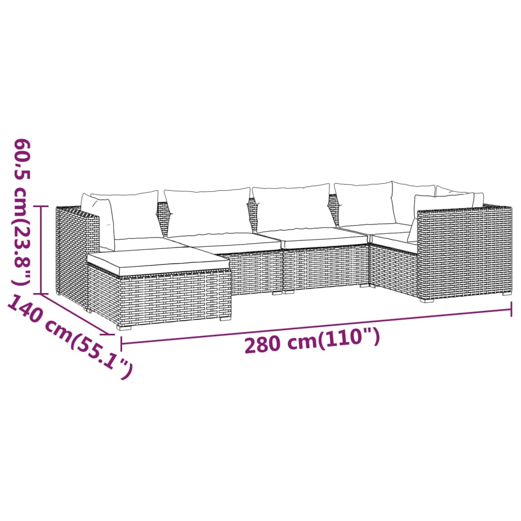 vidaXL 6-delige Loungeset met kussens poly rattan zwart