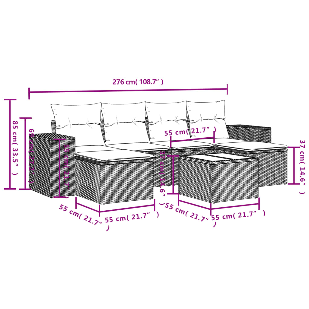 vidaXL 7-delige Loungeset met kussens poly rattan zwart