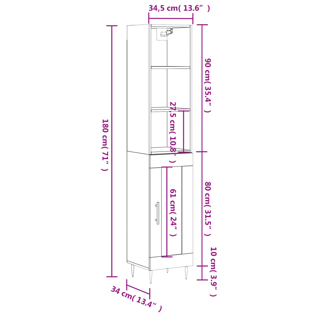 vidaXL Hoge kast 34,5x34x180 cm bewerkt hout wit