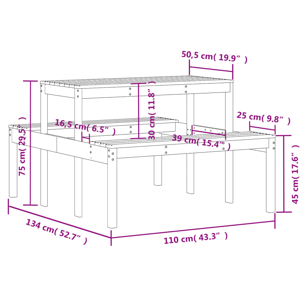 vidaXL Picknicktafel 110x134x75 cm massief douglashout