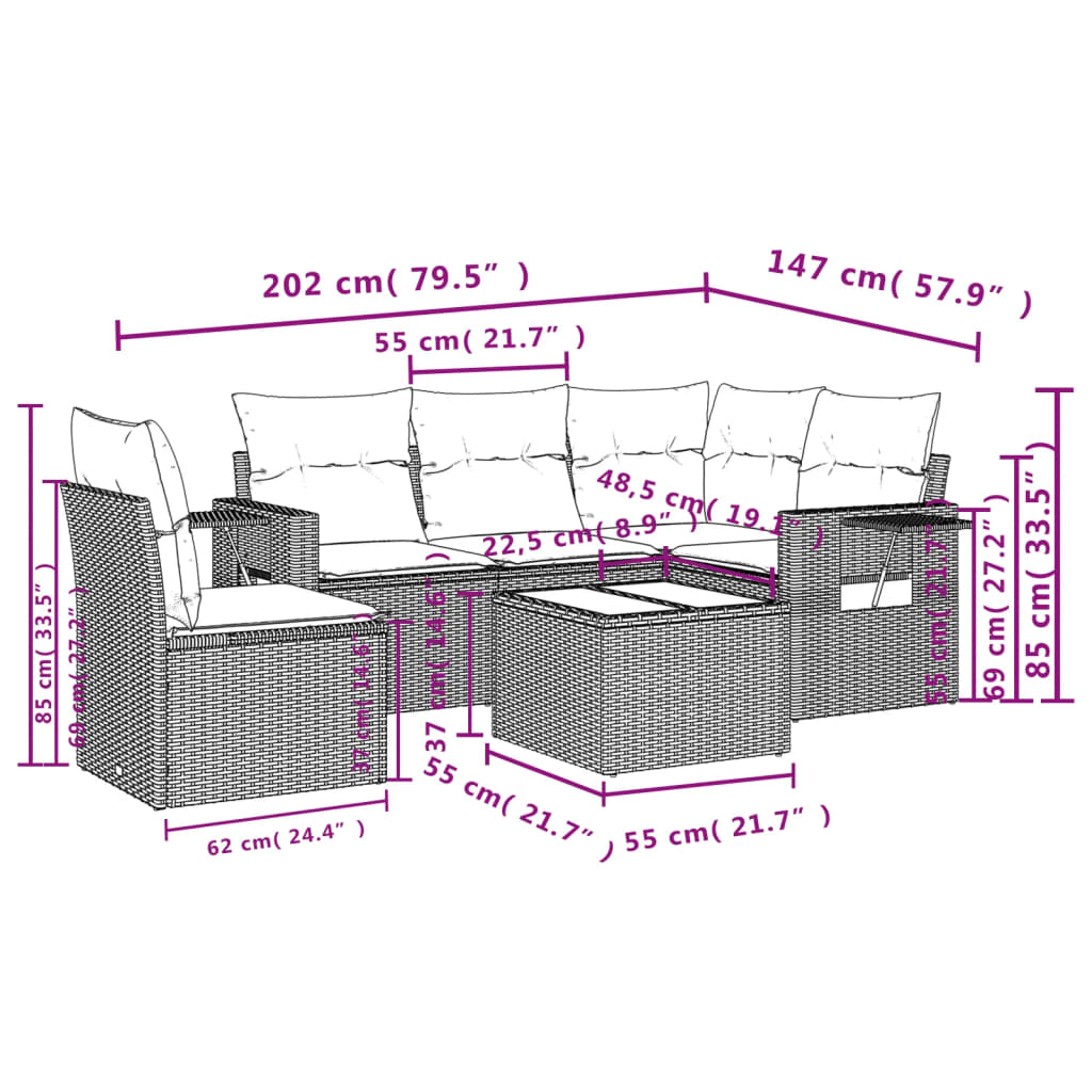 vidaXL 6-delige Loungeset met kussens poly rattan lichtgrijs